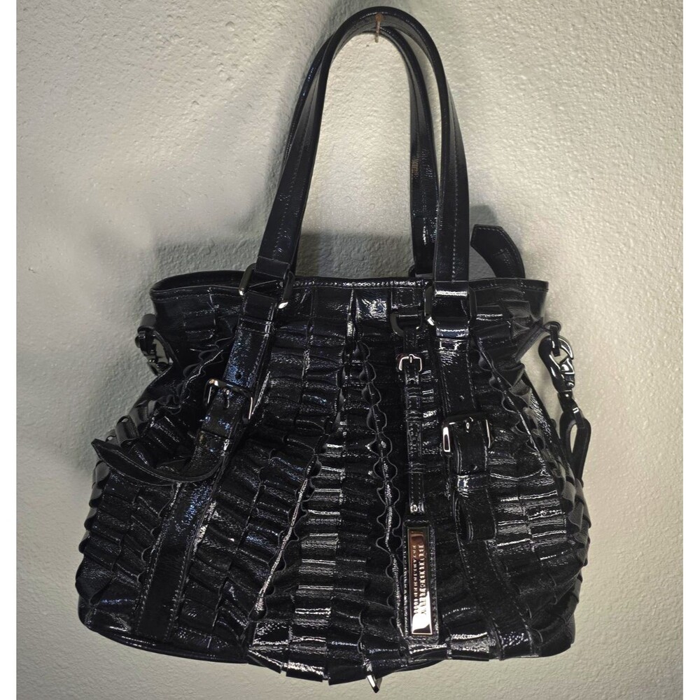 Burberry Black Patent Shoulder Bag Zip Closure Silver Hardware Lined Pockets